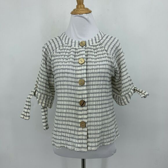Sundance Crinkled Blouse Women's Size S Mid Sleeve Tie Cuff Big Buttons Shirt - Picture 2 of 10